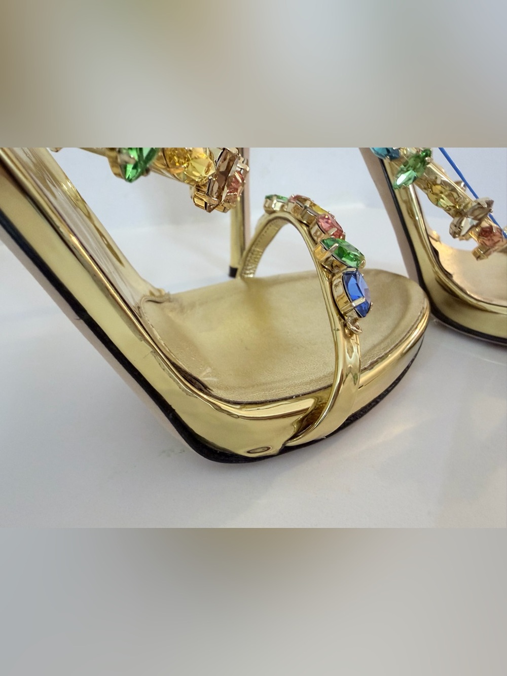 Giuseppe Zanotti Harmony Gold Jeweled Multicolor Crystal-Strap Heels size 37.5 - Picture 16 of 17